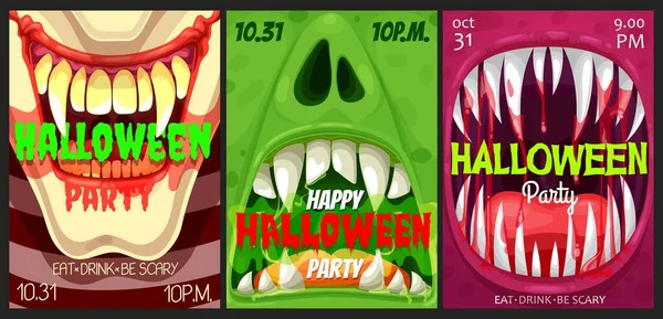 Halloweenfeest Vector Flyers Met Monstermonden Happy Halloween Horror Avond Evenement — Stockvector