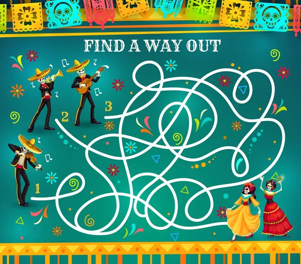 Labyrinthe Jeu Labyrinthe Dia Los Muertos Énigme Avec Des Squelettes — Image vectorielle