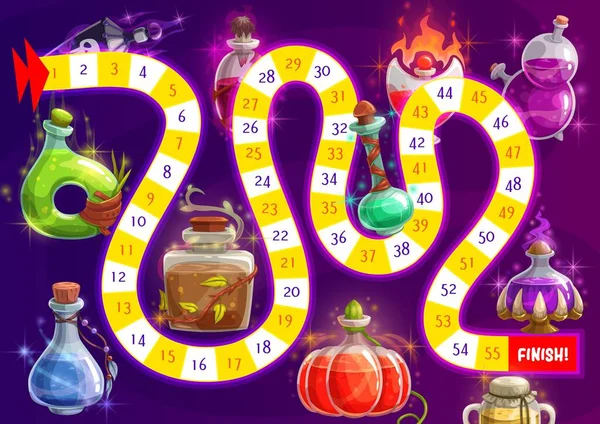 Chemin Jeu Société Puzzle Labyrinthe Avec Des Bouteilles Potion Magique — Image vectorielle