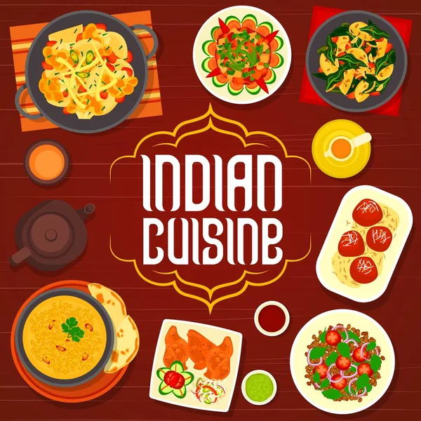 Menú Cocina India Cubierta Con Platos Vectoriales Verduras Especias Postre — Archivo Imágenes Vectoriales