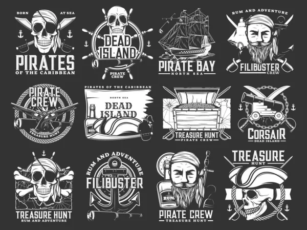 Caraïbische Piraten Corsair Iconen Treasure Hunt Avontuur Monochrome Vector Emblemen — Stockvector