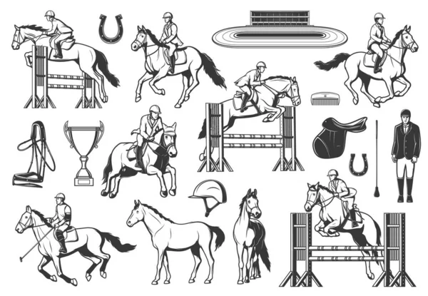 赛马和跳马 赛马会骑着马 跳跃障碍 赛马场 马球手 马鞍和鞭子 马蹄和奖杯 梳子向量 — 图库矢量图片
