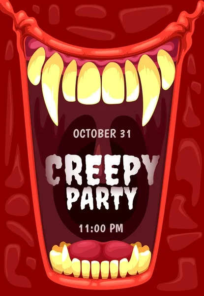 Halloween Horror Party Uitnodiging Met Vampier Mond Vector Frame Open — Stockvector