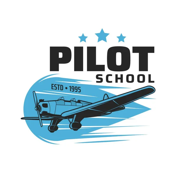 Icono Vector Escuela Piloto Con Avión Vintage Avión Volando Cielo — Vector de stock