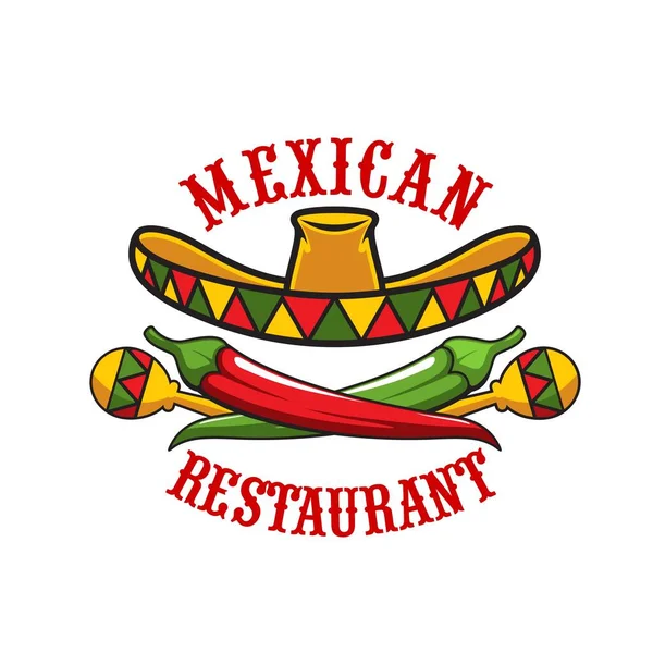 墨西哥餐馆的图标 如向量Sombrero帽子 马德拉 红辣椒和绿色墨西哥胡椒 墨西哥调料食品和喜庆的肉饼标志 墨西哥餐厅或小酒馆的设计 — 图库矢量图片