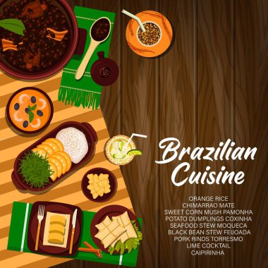 Brezilya mutfağı vektörü tatlı mısır lapası pamonha, patates köftesi coxinha ve chimarrao mate veya börülce feijoada. Brezilya 'nın deniz ürünleri yahnisi, portakallı pirinç ve limonlu kokteyl caipirinha yemeği.