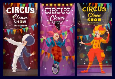 Shapito sirk palyaçoları ve palyaço karakterleri, lunapark karnaval sanatçıları, vektör. Shapito sirki ya da panayır karnaval gösterisi, sirk sahnesinde peruklu palyaço ve soytarılar