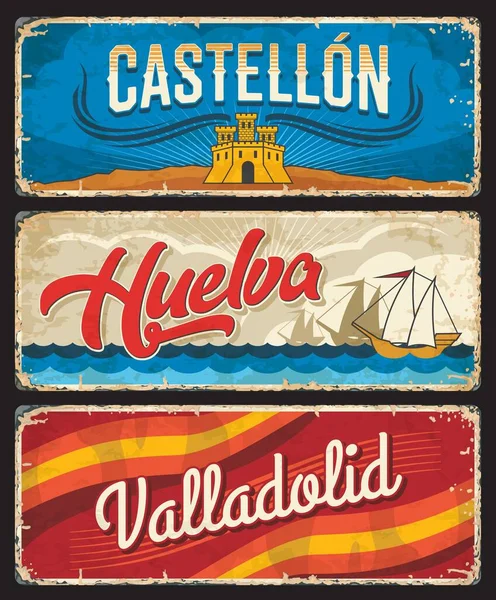 Castellon Huelva Valladolid Spanyol Tartományok Jelek Spanyolország Régiók Kopott Lemezek — Stock Vector