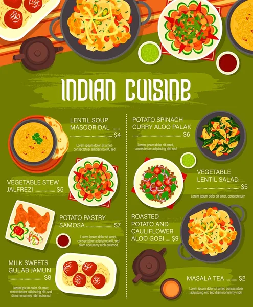 Ινδική Κουζίνα Διάνυσμα Μενού Μπαχαρικά Λαχανικών Τροφίμων Και Επιδόρπια Πιάτα — Διανυσματικό Αρχείο