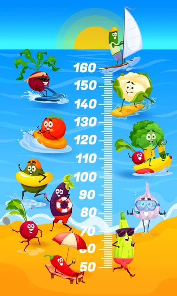 Kinderen Lengte Kaart Cartoon Groenten Strand Groeimeter Vrolijke Vector Groenten — Stockvector