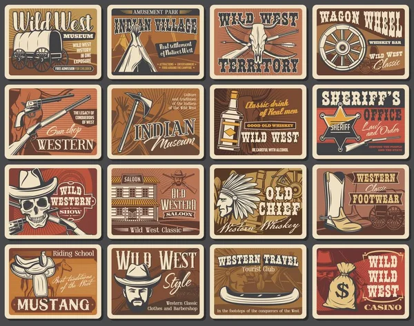 Plakaty Dzikim Zachodem Kowboj Szeryf Czaszka Amerykański Zachodni Kapelusz Broń — Wektor stockowy