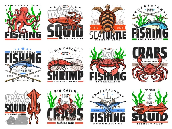 Sea Fishing Vector Emblems Fishing Club Professional Catch Tournament Fishery — Stock Vector