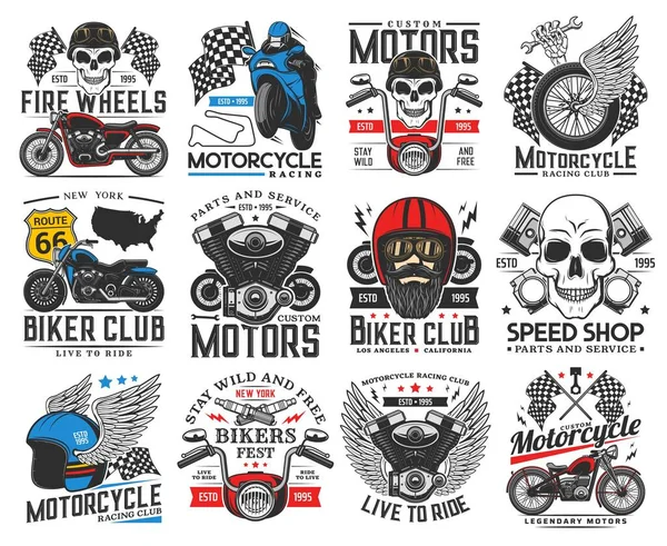 Bisikletçi Motosiklet Yarış Ikonları Motor Sporları Kulübü Özel Bisiklet Restorasyonu — Stok Vektör