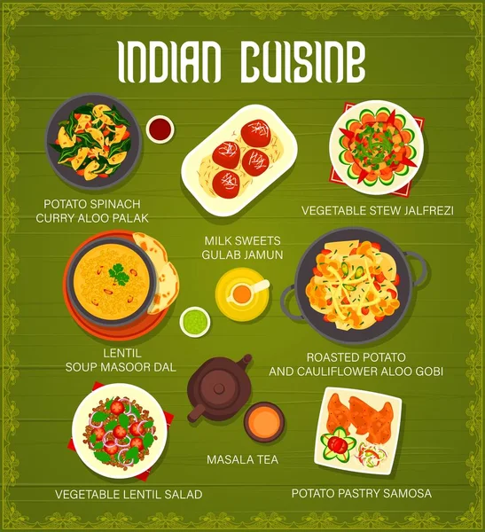 Menú Comida Especias Cocina India Con Platos Vectoriales Curry Guiso — Vector de stock