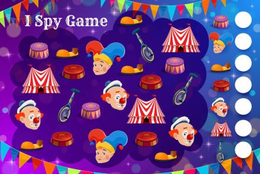 Çocuklar sirk karakterleri ve eşyalarla casusluk yapıyor. Vektör eğitim bulmacası, bilmece saymak ya da dikkat testi şablonu karikatür sirk çadırları, chapiteau palyaçoları, tek tekerlekli bisiklet ve kaide