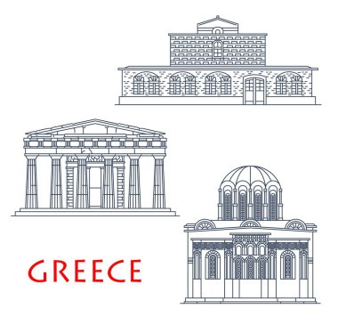 Yunanistan mimari binaları, Yunan antika seyahat simgeleri, vektör simgeleri. Thessaly 'deki Aziz Stephen Kilisesi, Atina' daki Hephaestus Theseion Tapınağı, Chios 'taki Nea Moni Manastırı, Yunanistan çizgi ikonları