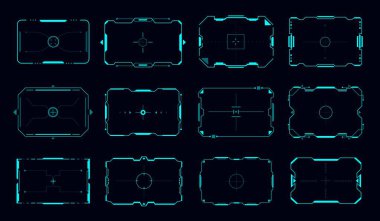 HUD hedef çerçeveleri ve hedef kontrol paneli vektör sınırları, Sci Fi oyun kullanıcı arayüzü veya gui. Gelecekçi dijital başlık mavi neon kenarlıklı hedef ekran çerçevesini göster ve nişan al