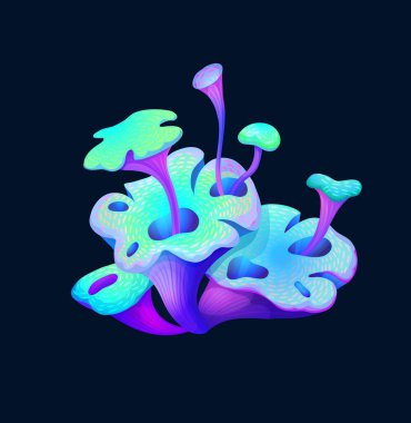 Fantezi sihirli dolgun kırmızı mantar, garip şapkalı vektör mantarı. Mor dikenli ve parlak şapkalı olağandışı bir peri masalı. Doğal Gi arayüzü elementi, karikatür uzaylı bitkisi