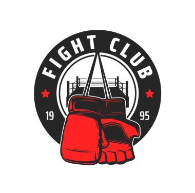 Dövüş kulübü ikonu vektör eldivenli ve dövüş ya da dövüş sporu çemberli. Boks, MMA karma dövüş sanatları, kickboks ya da güreş dövüş ekipmanları izole edilmiş yuvarlak rozet veya amblem tasarımı