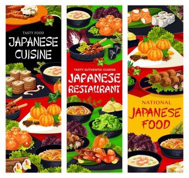 Japon yemek restoranı afişleri. Mandalina, erişte ve karides çorbası, şiş kebap, şurupta mandalina ve gevrek çuvallar, temaki, filadelphia ve ceviz rulosu, yosun salatası vektörü