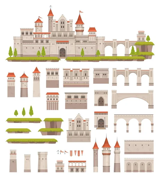 中世纪城堡建设者 孩子们的游戏 卡通病媒宫殿建筑元素塔 堡垒和旗帜 绿色植物和土地 童话或历史皇家建筑隔离套件 — 图库矢量图片