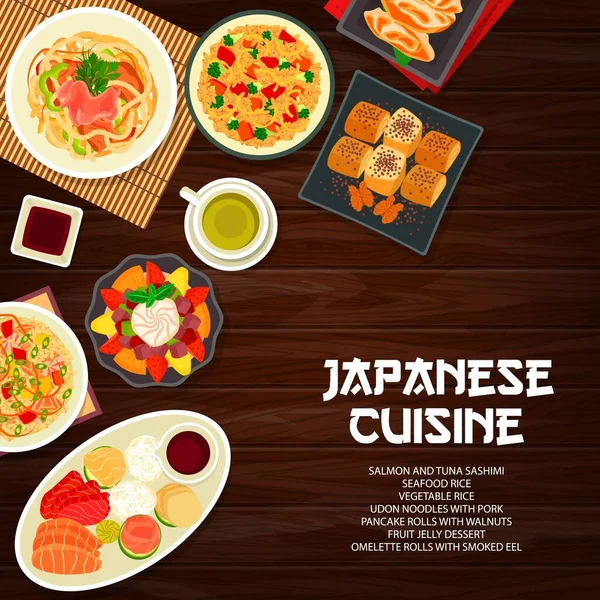 Japanse Keuken Menu Dekken Aziatische Gerechten Maaltijden Vector Restaurant Lunch — Stockvector