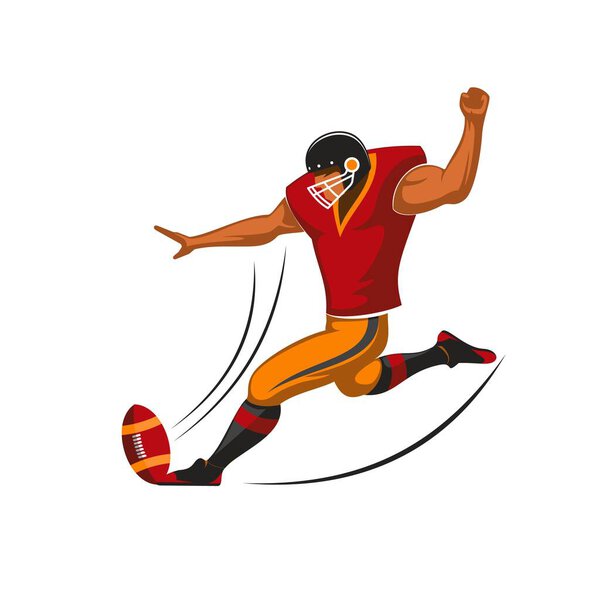 Kicker player of american football team, vector sport game design. Placekicker cartoon character in team uniform with ball, helmet and jersey, pants, shoulder and thigh pads making field goal
