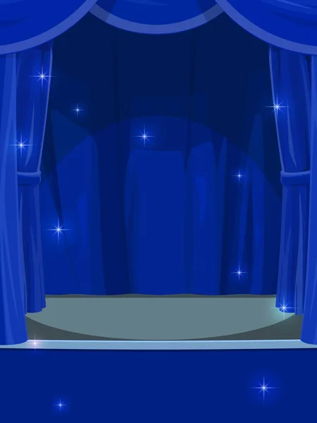 Blauwe Gordijnen Het Podium Circus Theater Leeg Podium Met Geopende — Stockvector