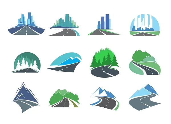 Carretera Calzada Autopista Iconos Con Horizonte Ciudad Bosque Montaña Emblemas — Vector de stock