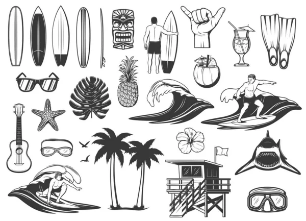 Planche Surf Vagues Océaniques Des Icônes Vacances Plage Planche Roulettes — Image vectorielle