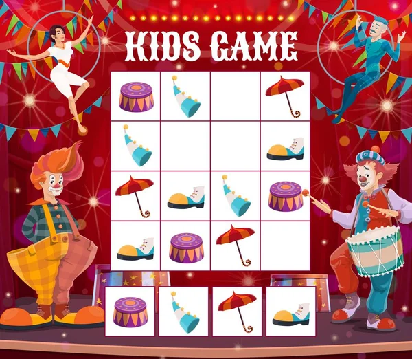 Jeu Labyrinthe Pour Enfants Avec Des Clowns Cirque Sudoku Devinette — Image vectorielle