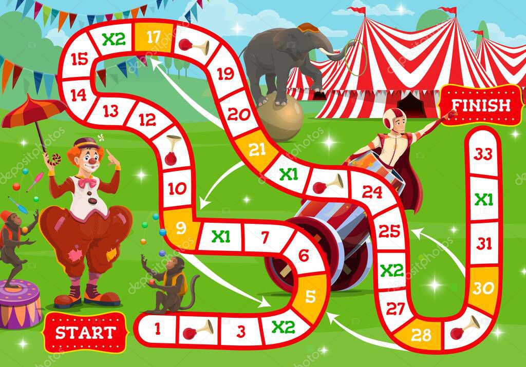 Circus boardgame, shapito circus characters near big top tent. Vector step game for kids with numbered block way. Children test with cartoon clown, apes jugglers, trained elephant and man cannonball