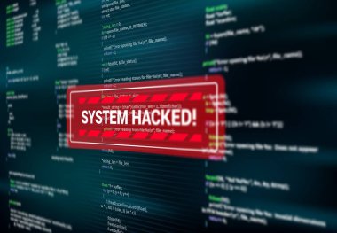 Sistem hacklendi, uyarı mesajı ekranda hackleme saldırısı, vektör. Casus yazılım veya zararlı yazılım virüsü bilgisayar ekranında kırmızı mesaj penceresi, internet siber güvenlik ve veri dolandırıcılığı tespit etti