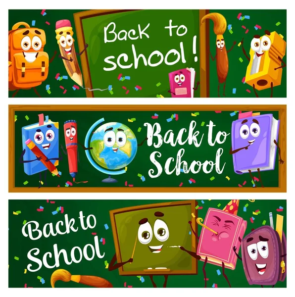 Back School Banners Cartoon Education Characters Blackboard Background Vector Bookmarks — Stock Vector