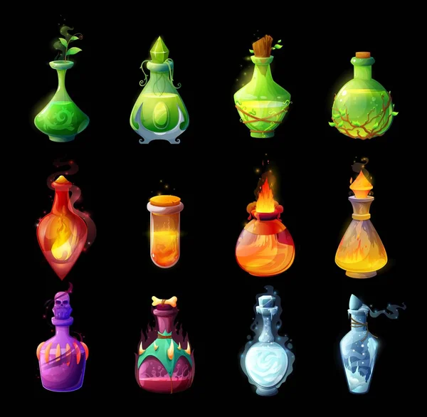 Botellas Poción Dibujos Animados Hechizos Mágicos Burbujas Vidrio Elixires Vida — Vector de stock