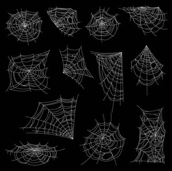 ハロウィーンのWeb Spiderwebまたはクモの巣ベクトルセット 白いコーナー 円形とらせん状のウェブ 不気味な糸のネットと昆虫やハエのトラップ ハロウィーンの休日のクモの巣の装飾 — ストックベクタ