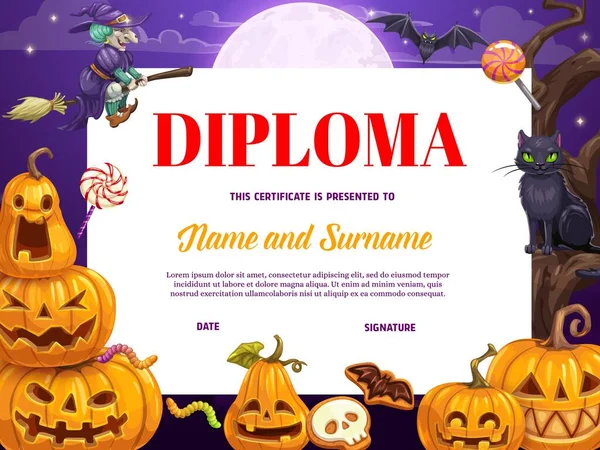 Child Diploma Certificate Cartoon Halloween Pumpkins Children Kindergarten Diploma Kids — Stock Vector