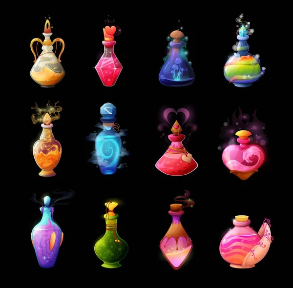 Botellas Poción Dibujos Animados Amor Elixir Hechizo Mágico Veneno Burbuja — Archivo Imágenes Vectoriales