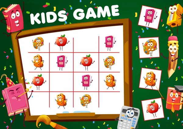 Okul Kırtasiyesindeki Çizgi Film Karakterleriyle Sudoku Oyunu Çocuklar Bulmaca Çözerken — Stok Vektör
