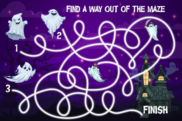 Halloween Bambini Labirinto Labirinto Gioco Con Fantasmi Divertenti Puzzle Vettoriale — Vettoriale Stock