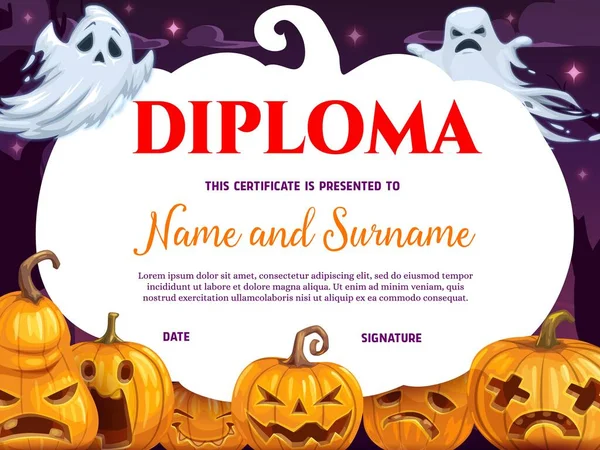 Diploma Graduación Niños Con Calabaza Fantasmas Halloween Espíritus Espeluznantes Volando — Vector de stock