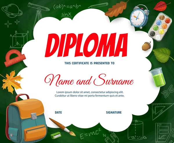 Okul Çantalı Eğitim Diploması Bilim Taslak Formülleri Okul Eşyaları Sonbahar — Stok Vektör