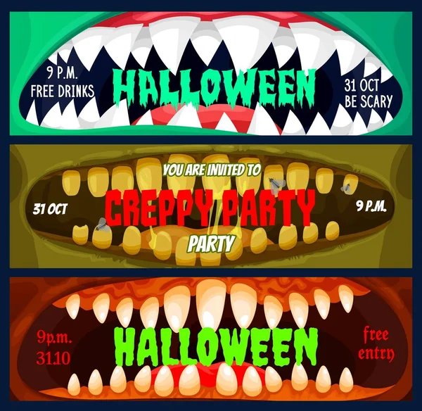 Halloween Club Feestspandoeken Toegangspasjes Sjabloon Griezelige Monsters Getande Magen Met — Stockvector