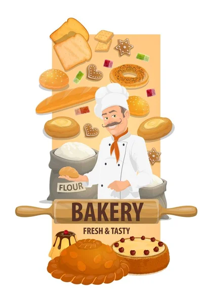 Μπέικερ Σεφ Ψωμί Και Γλυκά Ψωμάκια Χαμογελώντας Σεφ Toque Bagel — Διανυσματικό Αρχείο