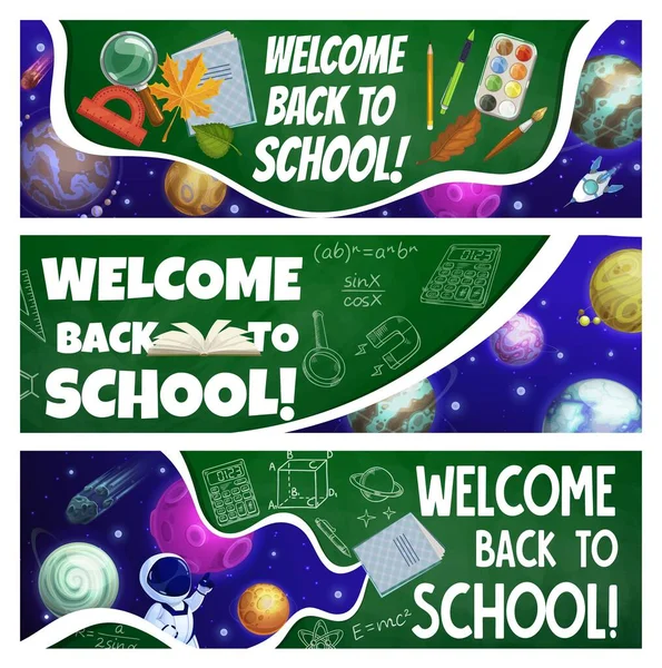 Terug Naar School Banners Met Cartoon Galaxy Ruimte Planeten Astronaut — Stockvector