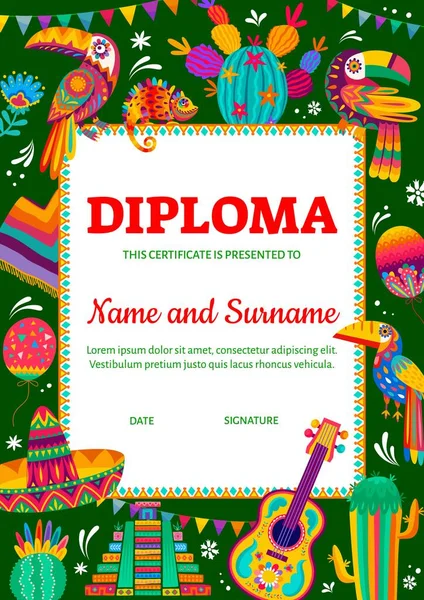 Certificat Diplôme Pour Enfants Sombrero Mexicain Pyramides Caméléon Toucan Guitare — Image vectorielle