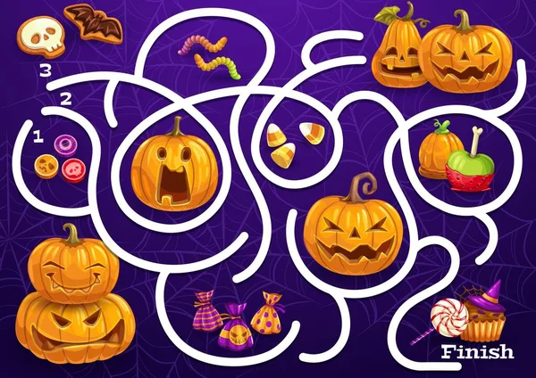 Jeu Labyrinthe Pour Enfants Avec Bonbons Halloween Citrouilles Toile Araignée — Image vectorielle