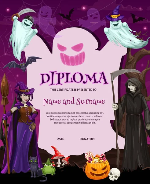 Certificate Halloween Cartoon Diploma Template Vector Kid Achievement Education Award — Stock Vector