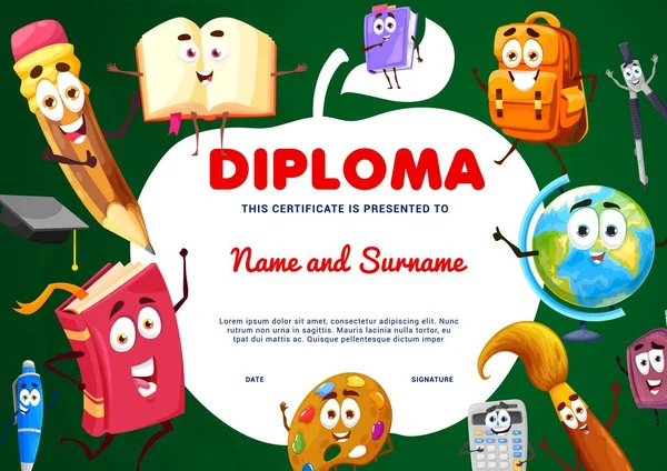 Diploma Educação Com Forma Maçã Personagens Escola Desenhos Animados Certificado — Vetor de Stock