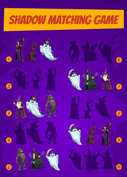 Kids Game Shadow Match Halloween Magician Characters Children Logic Activity — Stock Vector